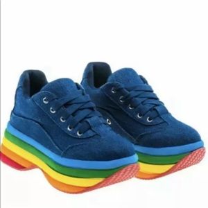 NEW JEFFREY CAMPBELL BRAINY DENIM RAINBOW FLATFORM PLATFORM SNEAKERS SIZE 9